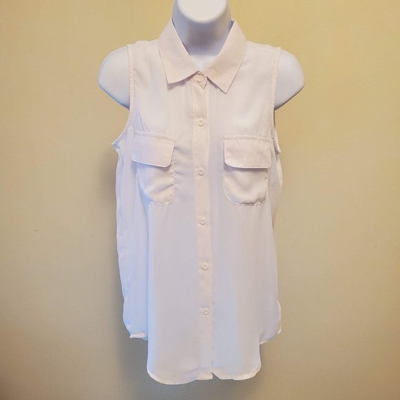 Icon Apparel Tops - Icon Apparel White Crepe Button Up Sleeveless Semi-Sheer Blouse Top - (L)